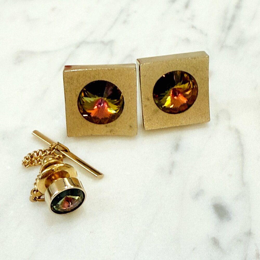 VTG Dante Multi color Gold Rivoli Cuff Links & Tie Tack - Picture 1 of 11